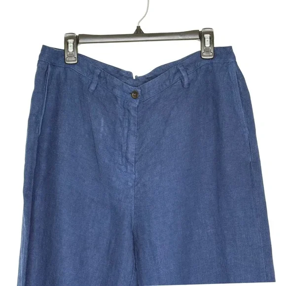 Poetry 100% Linen Pants Sz 12 Blue Wide Leg High Rise Topstitched Welt Pockets - Picture 2 of 11